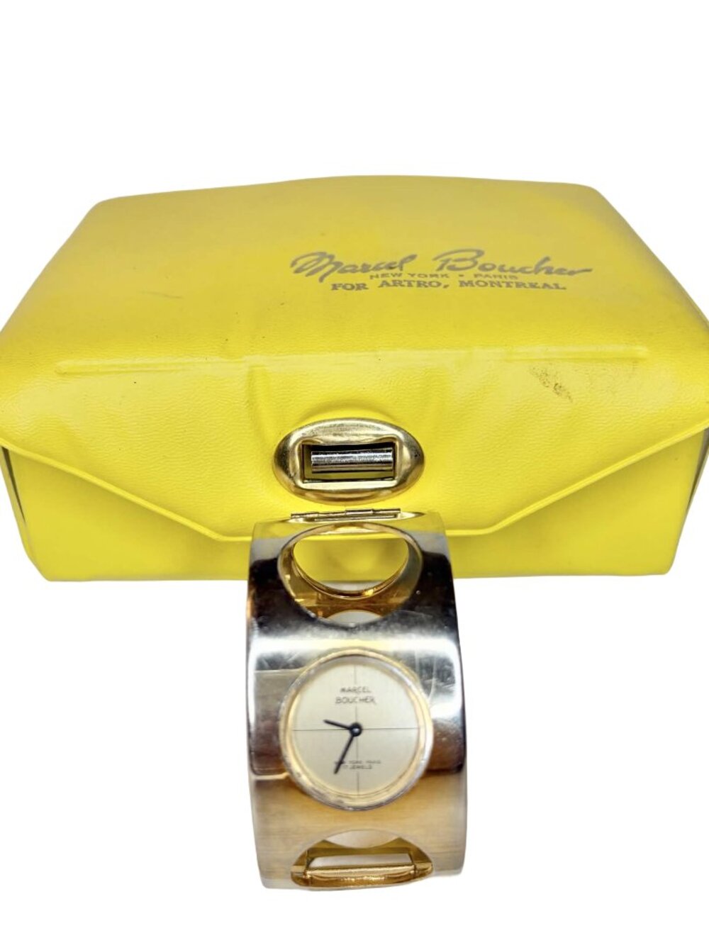 Vintage Marcel Boucher Cutout Hinged Cuff Bracelet Watch Original Box 17 Jewels